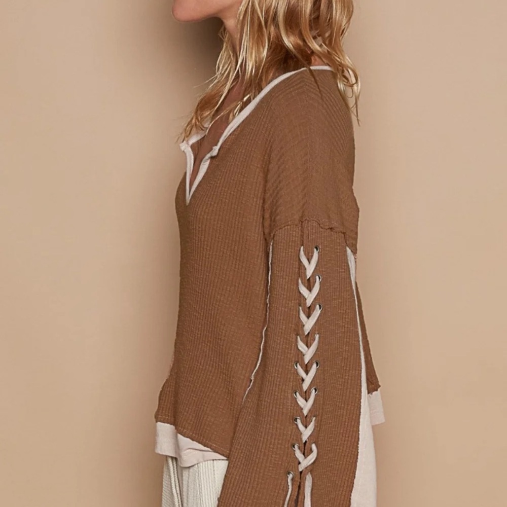 POL Lace-Up Sleeve Color Block Ribbed Knit Top - Picture 2 of 3